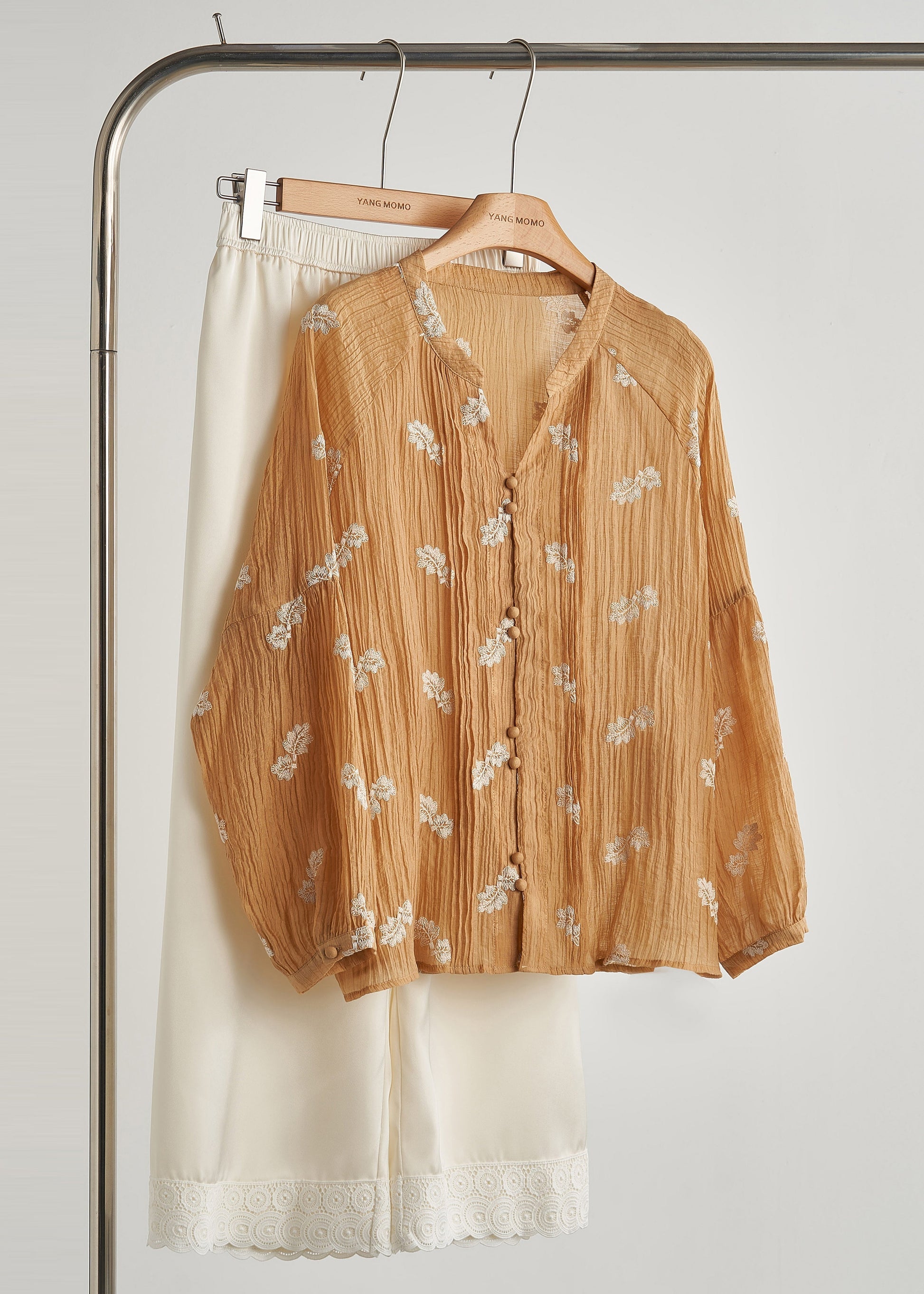 Women's Cotton Blouse Embroidered Khaki Relaxed Fit - OutfitLondon