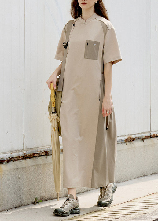 Women's Khaki Cotton Dress With Stand Collar Patch Pockets - OutfitLondon