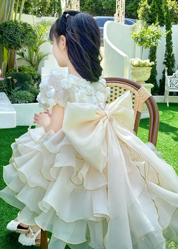Girls Pale Yellow Tulle Gown Short Sleeves Round Neckline - OutfitLondon