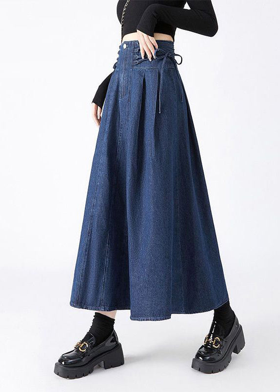 Women's Navy Denim Maxi Skirt With Tie Waist - OutfitLondon