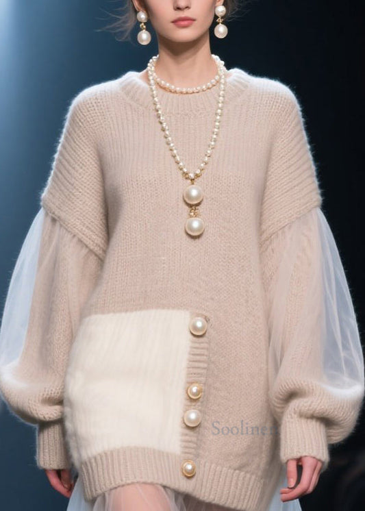 Women's Patchwork Knit Sweater Tulle Accents Cozy Autumn - OutfitLondon