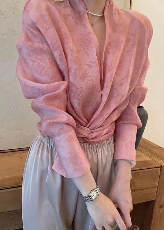 Women's Asymmetric Silk Chiffon Blouse Pink - OutfitLondon