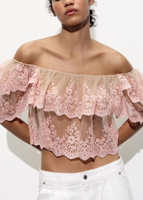 Women's Embroidered Tulle Blouse Ruffled Boat Neck Pink - OutfitLondon