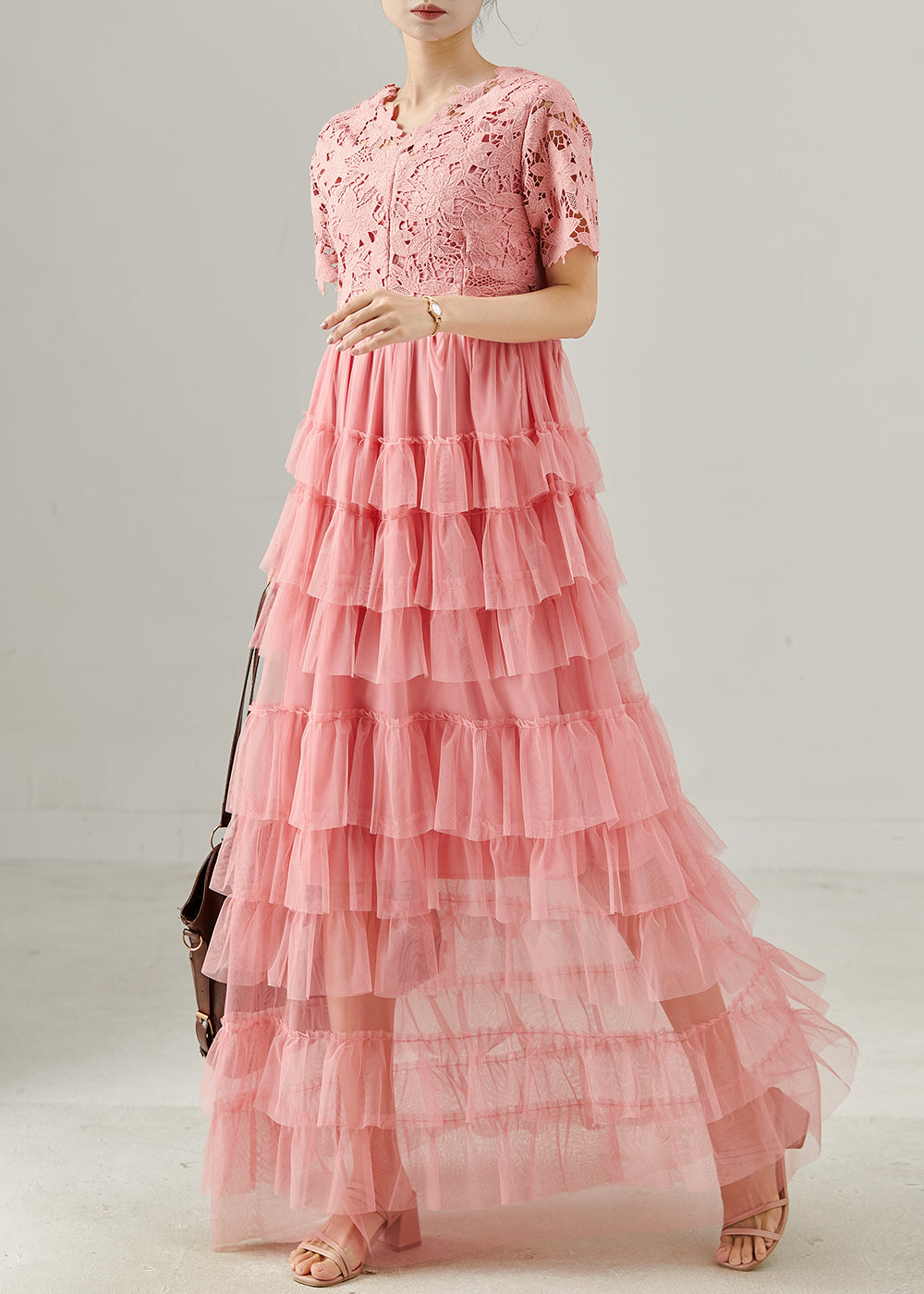 Women's Rose Pink Maxi Dress Tulle Lace V Neck - OutfitLondon