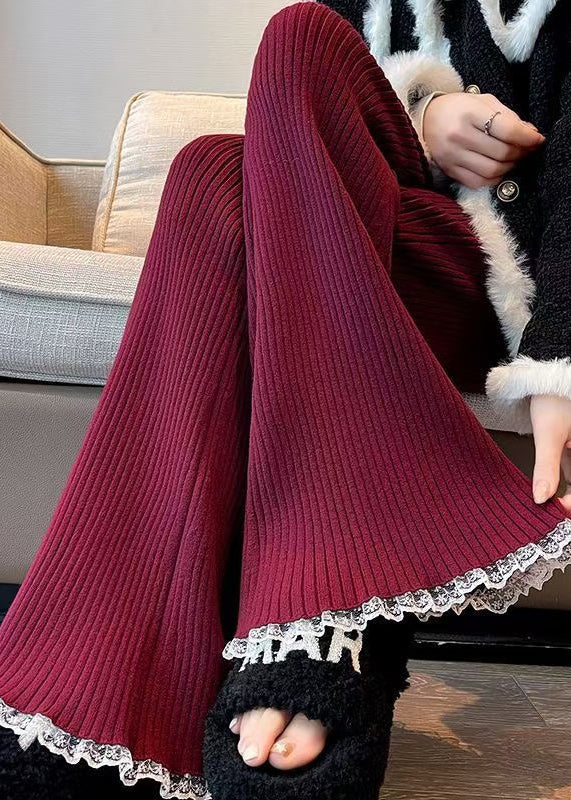Women's Wide-Leg Knit Pants Red Lace Trim - OutfitLondon