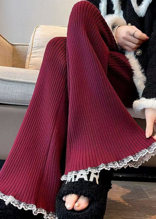 Women's Wide-Leg Knit Pants Red Lace Trim - OutfitLondon