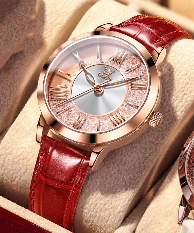 Women's Red Leather Quartz Watch Water Resistant Gold Accents - OutfitLondon