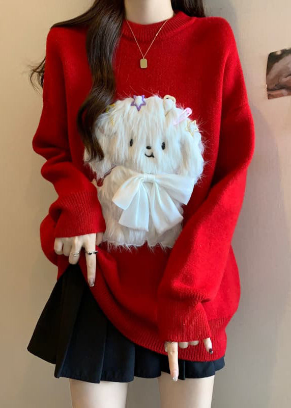 Pet Red Crew Neck Sweater Loose Knit - OutfitLondon