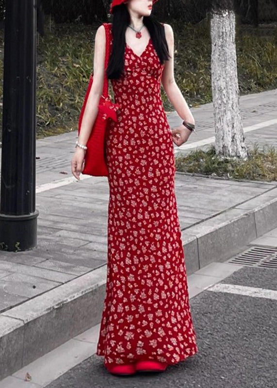 Women's Red Printed Maxi Dress Sleeveless V Neck Cotton Blend - OutfitLondon