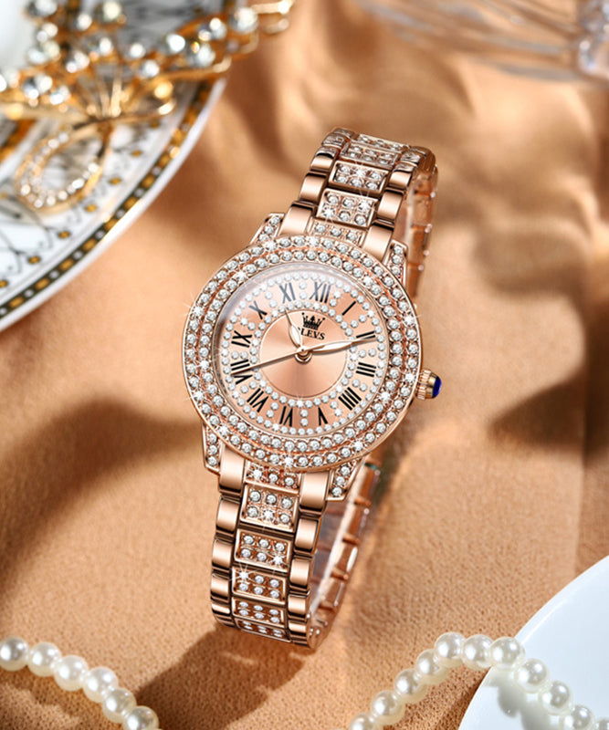 Women's Rose Gold Stainless Steel Quartz Watch Zircon Accents - OutfitLondon