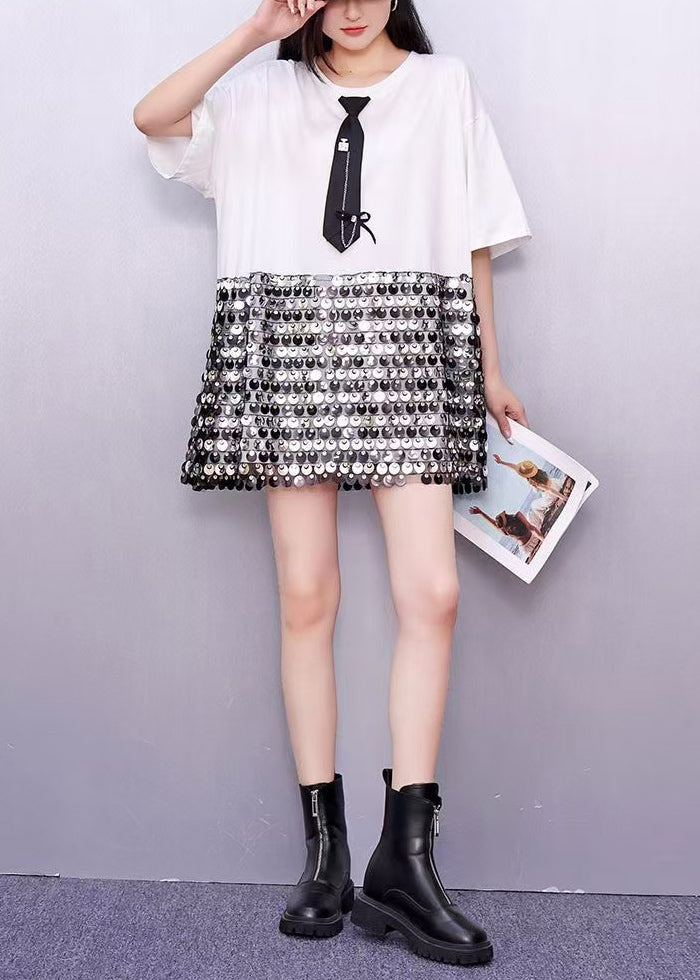 Women's Cotton Blend Patchwork Dress With Sequins For Work - OutfitLondon