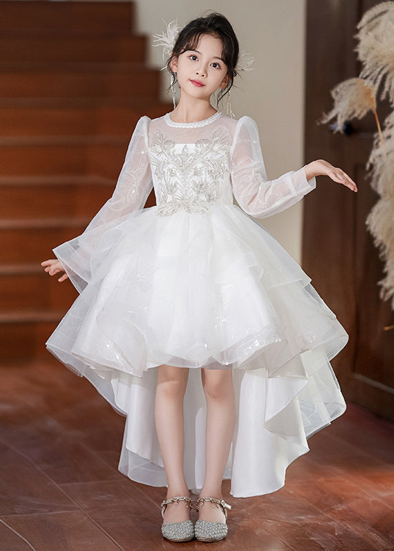 Girls White Tulle Maxi Dress Round Neckline Layered Skirt - OutfitLondon
