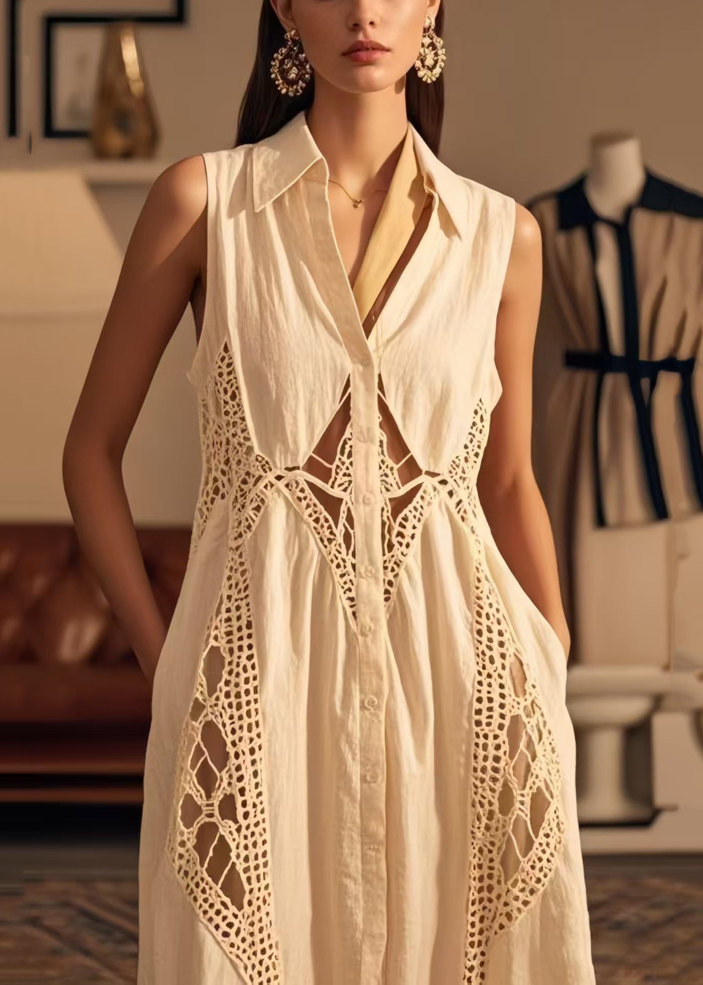 Women's Cotton Sleeveless Dress White Patchwork Lightweight - OutfitLondon