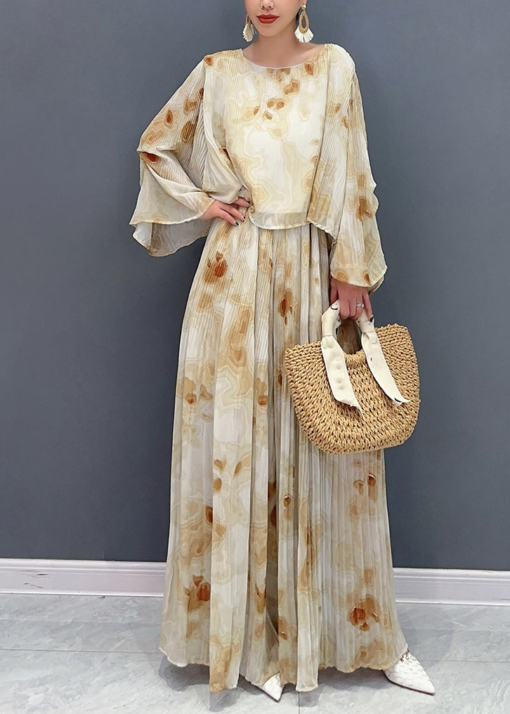 Women's Silk Chiffon Two Piece Yellow Printed And Long Skirt - OutfitLondon