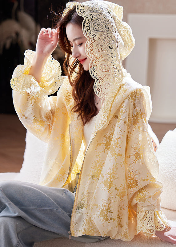 Women's Yellow Hooded Coat Batwing Sleeves Zipper Lace Detail - OutfitLondon