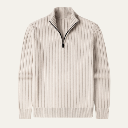 Warm Crew Neck Ribbed Knit Half Zip Sweater - OutfitLondon