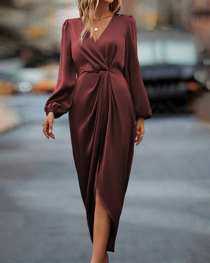Federica Dress | Long Sleeve V-Neck Draped Midi Dress