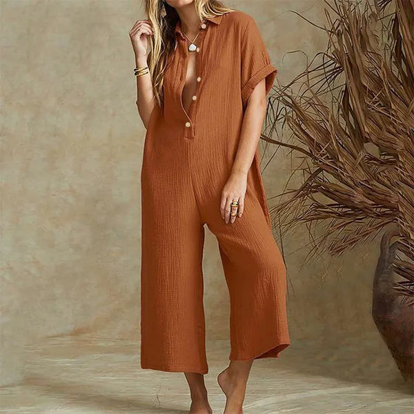 Relaxed Fit Button Front Crop Jumpsuit - OutfitLondon
