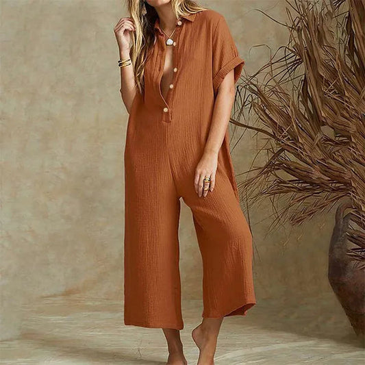 Relaxed Fit Button Front Crop Jumpsuit - OutfitLondon