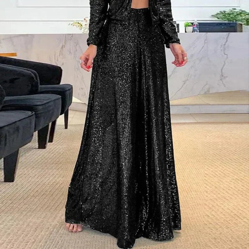 Feyza Pants | Sequin High-Waisted Wide Leg Trousers