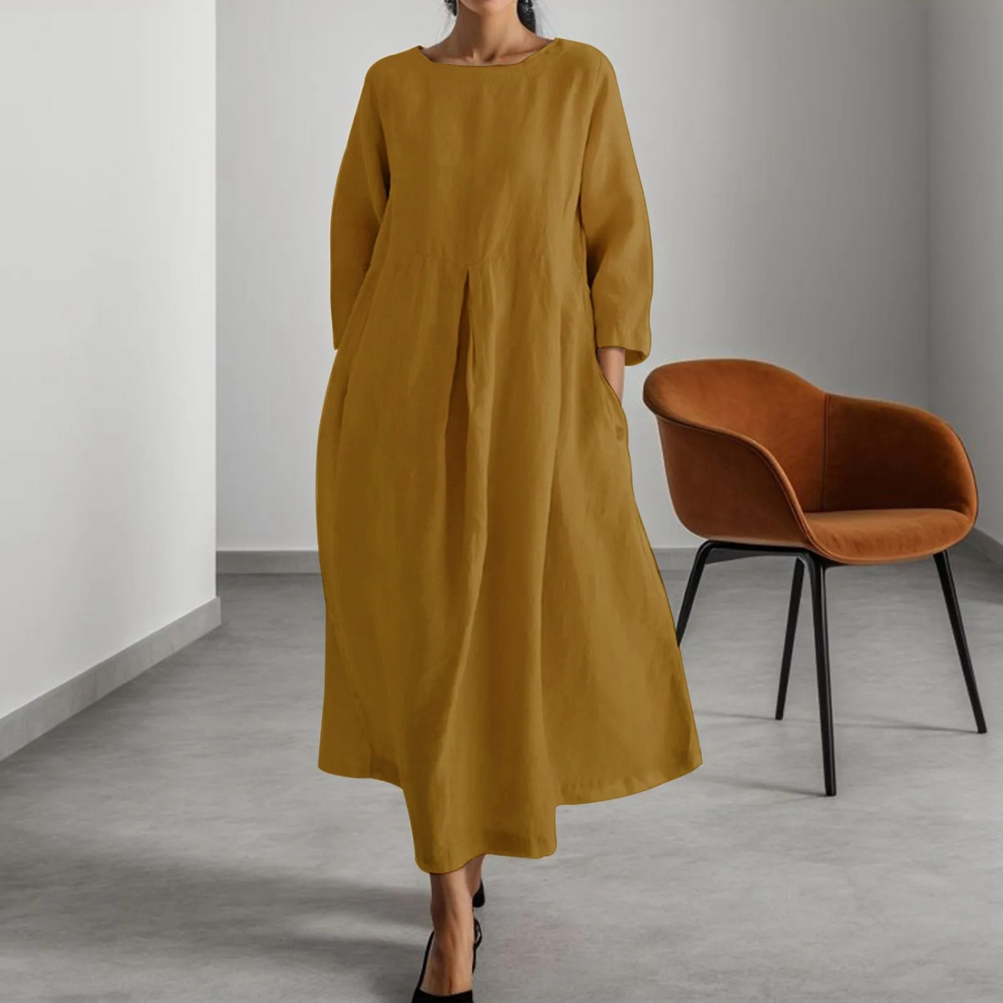 Relaxed Fit Casual Midi Dress with Mid Length Sleeves