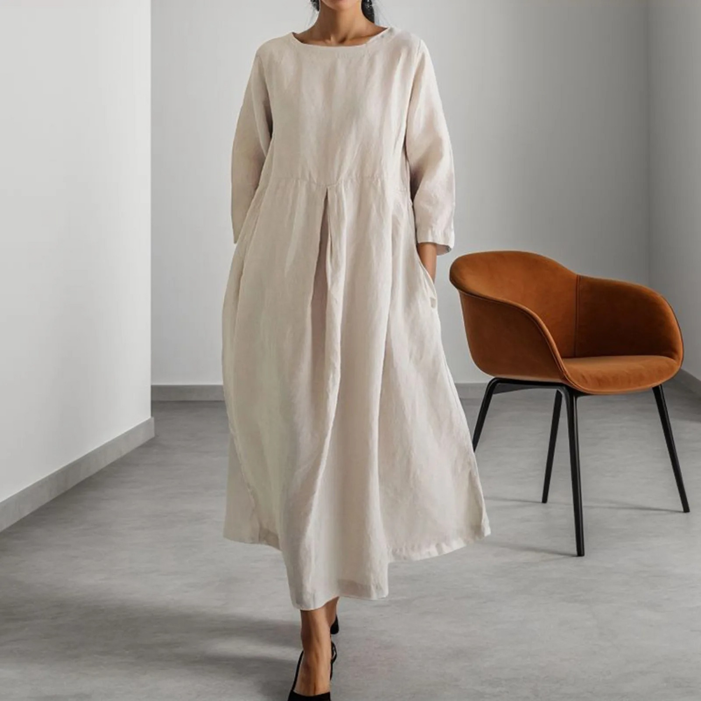 Relaxed Fit Casual Midi Dress with Mid Length Sleeves