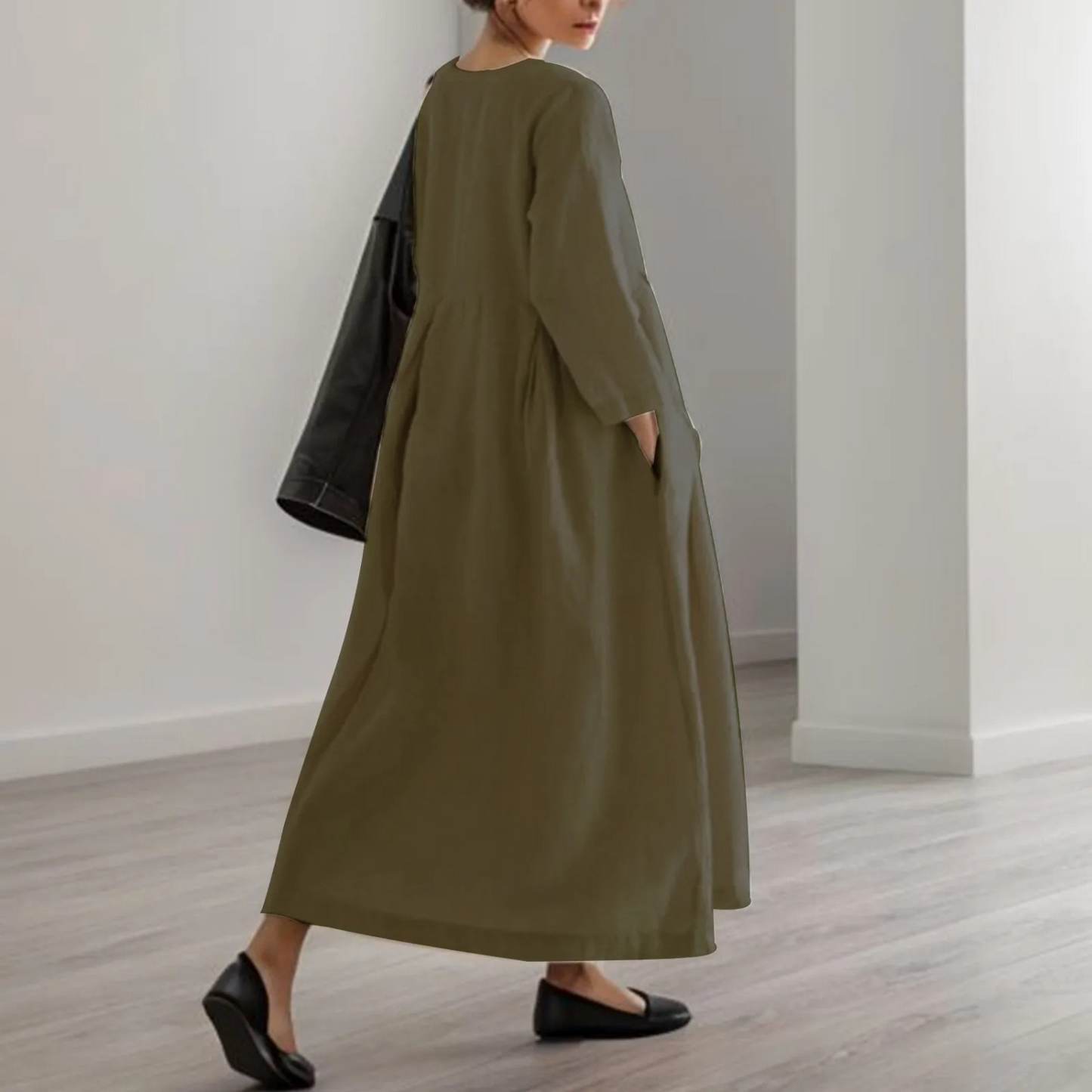 Relaxed Fit Casual Midi Dress with Mid Length Sleeves