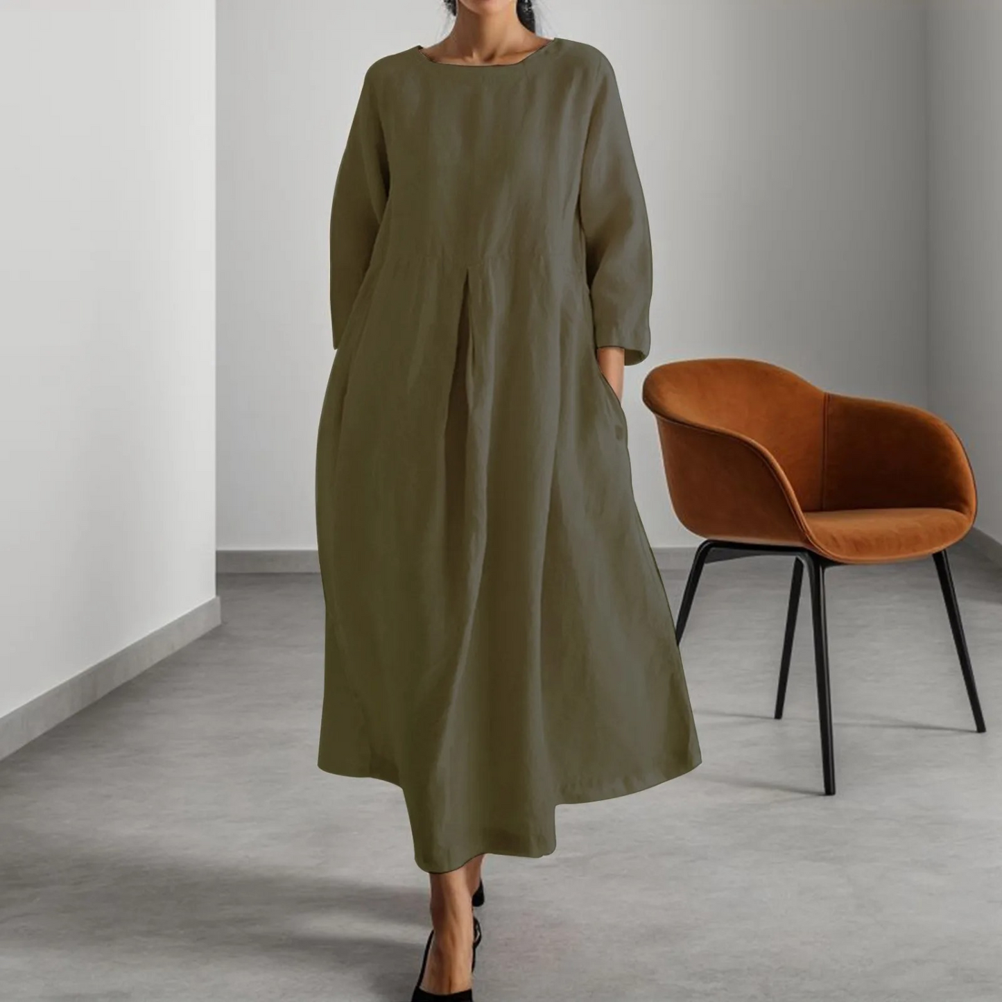 Relaxed Fit Casual Midi Dress with Mid Length Sleeves - OutfitLondon