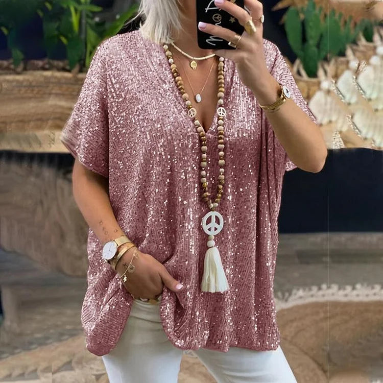 Casual Sparkle V Neck Blouse - OutfitLondon