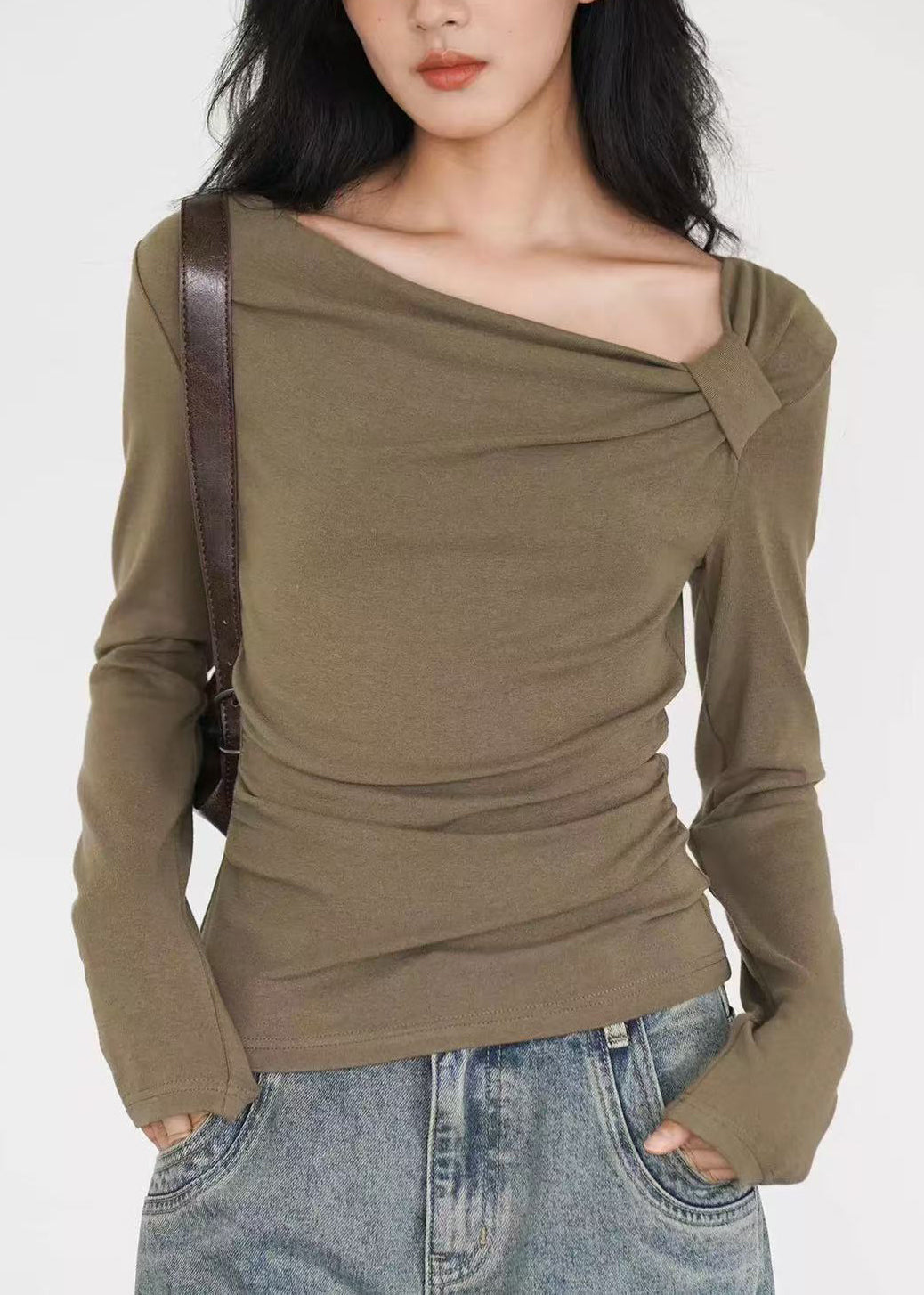 Women's Cotton Shirt Asymmetric Relaxed Fit Army Green - OutfitLondon