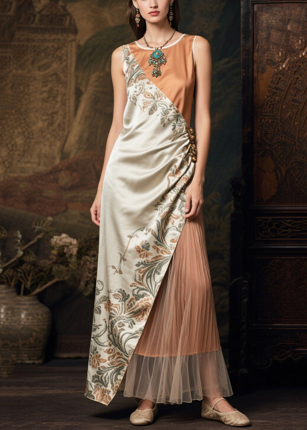 Women's Silk Maxi Dress Asymmetric Patchwork - OutfitLondon