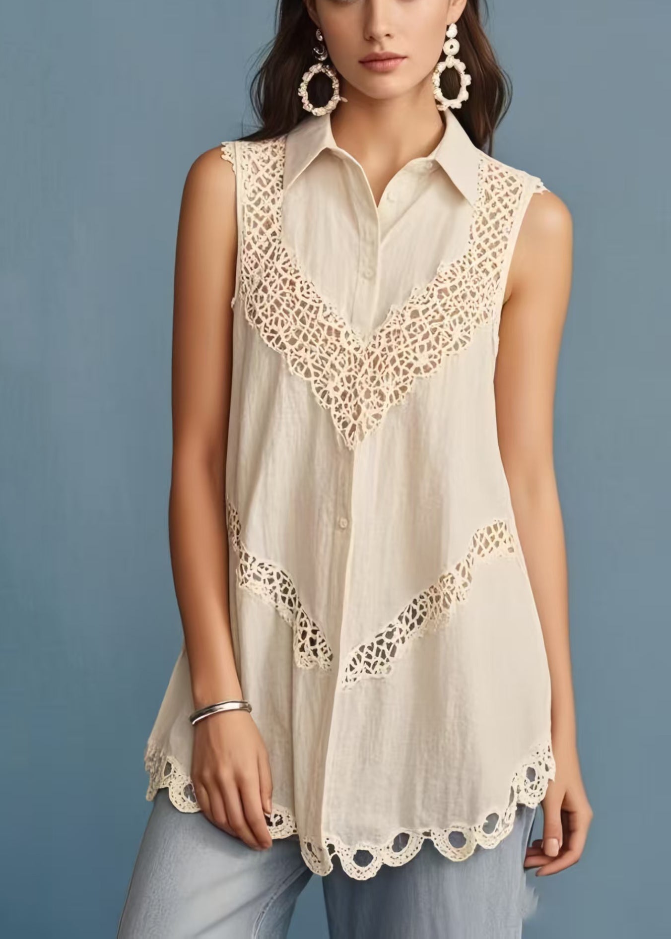 Women's Lace Patchwork Cotton Blend Beige - OutfitLondon