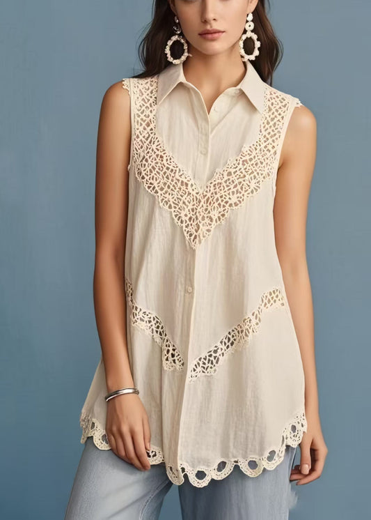Women's Lace Patchwork Cotton Blend Beige - OutfitLondon