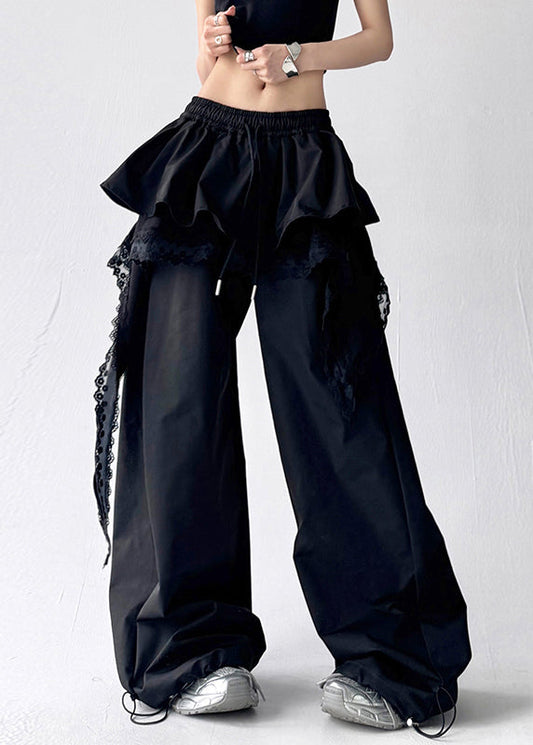 Women's Cotton Pants Lightweight Black Elastic Waist - OutfitLondon