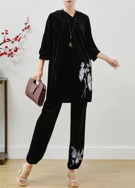 Women's Velvet Hoodie Set Silk Printed Cozy Autumn - OutfitLondon