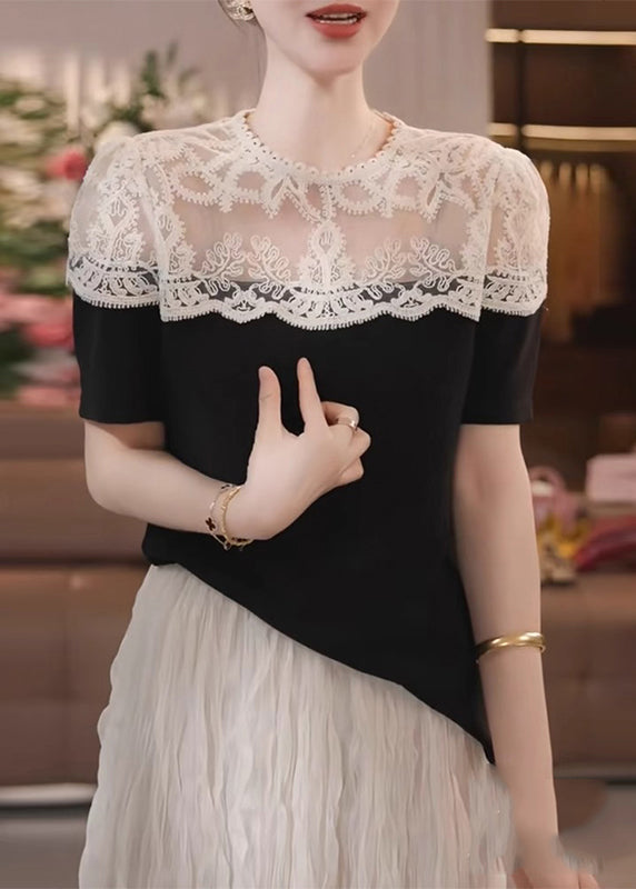 Women's Lace Blouse Puff Sleeve Lightweight Black - OutfitLondon