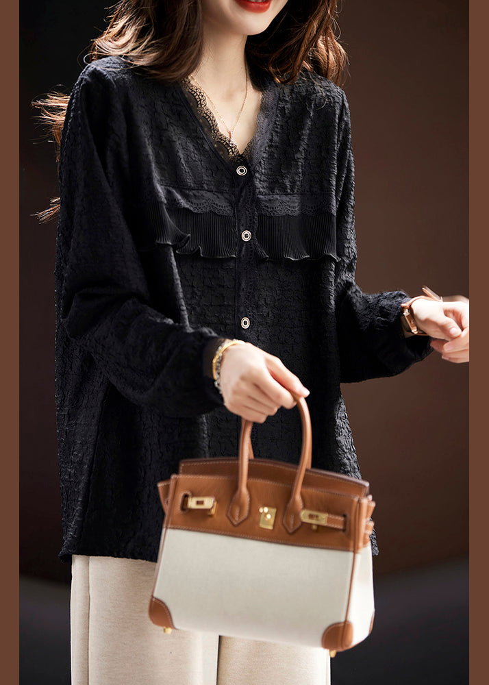 Women's Cotton Blend V Neck Blouse Black Lace - OutfitLondon