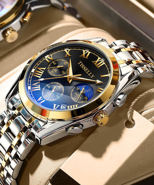 Unisex Stainless Steel Watch Waterproof Blue Black - OutfitLondon