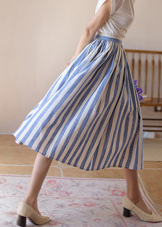 Women's High Waisted Cotton Skirt Blue Striped - OutfitLondon