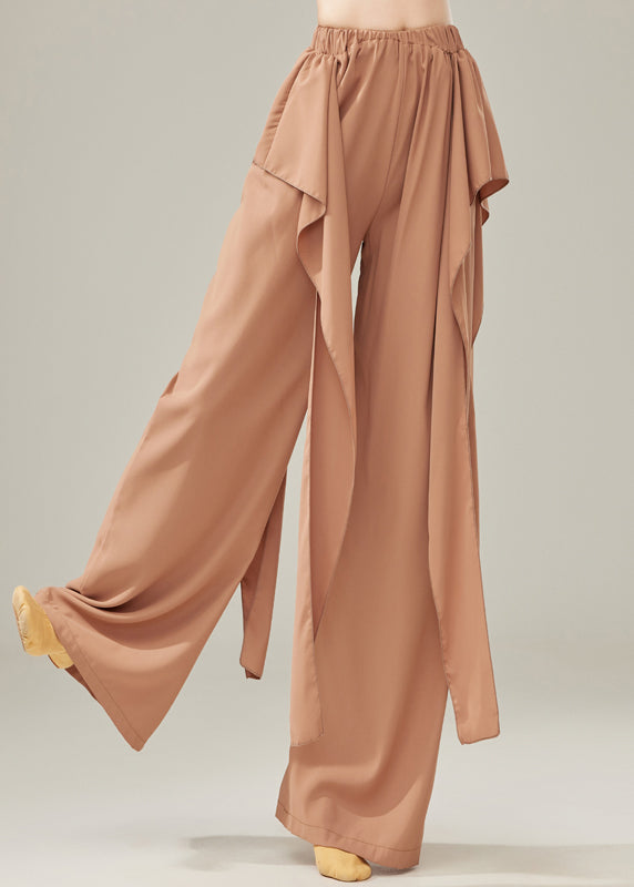 Light Brown Cotton Straight Leg Trousers Elastic Waist Casual - OutfitLondon