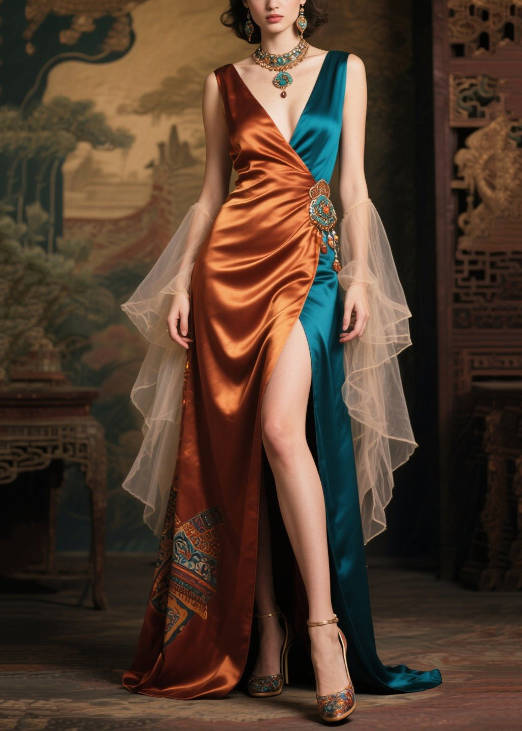 Women's Asymmetric Wrap Dress Silk Blend Caramel Patchwork Print - OutfitLondon