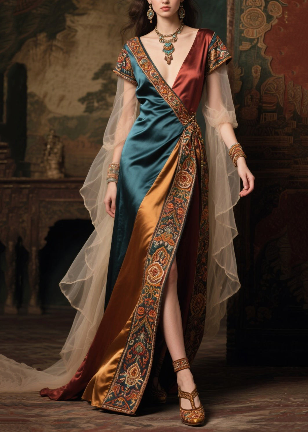Women's Color Block Tulle Maxi Robe Asymmetrical Design - OutfitLondon