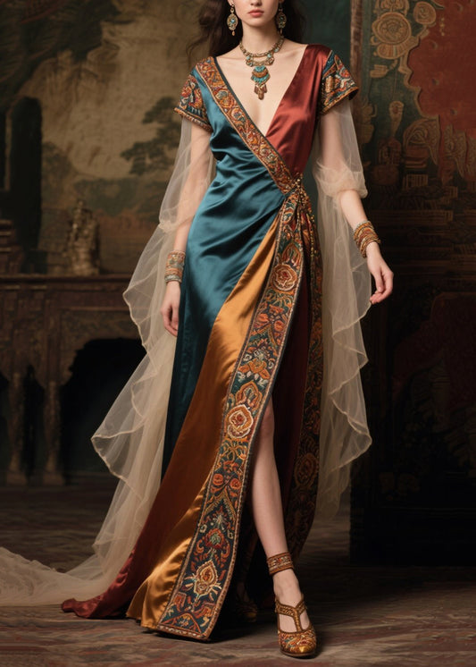 Women's Color Block Tulle Maxi Robe Asymmetrical Design - OutfitLondon