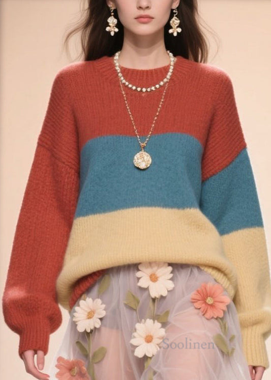 Women's Round Neck Sweater Acrylic Autumn Color Block Plus Size - OutfitLondon