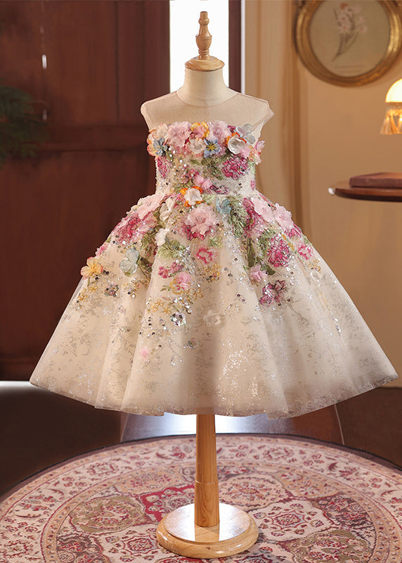 Girls Sequin Floral Tulle Dress Long Sparkle - OutfitLondon