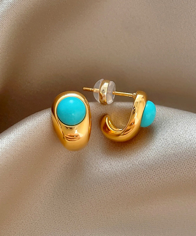 Women's Turquoise C Shape Earrings Gold Tone Copper Alloy - OutfitLondon
