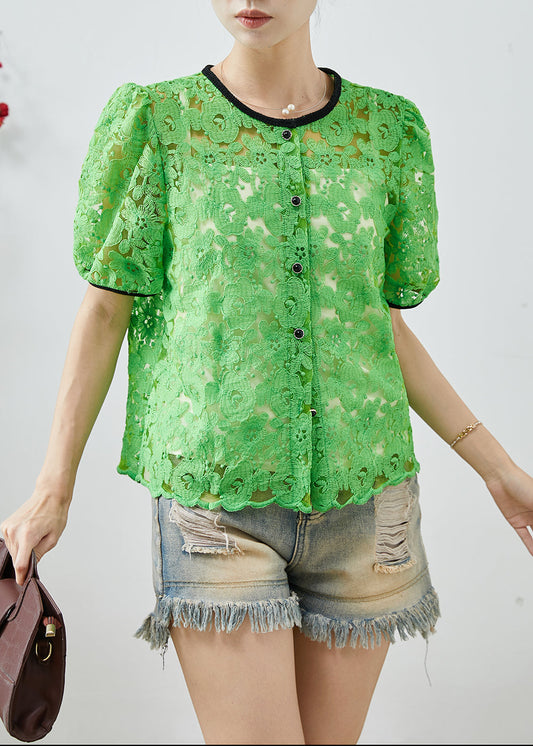 Women's Green Embroidered Lace Blouse Breathable - OutfitLondon