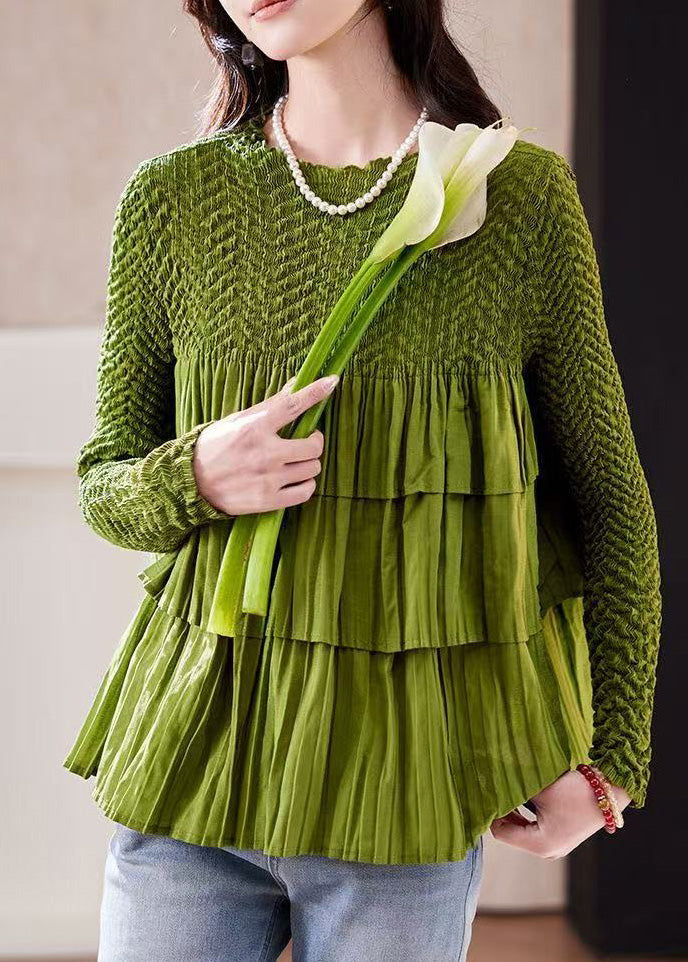 Women's Patchwork Blouse Prairie Green Striped Cotton - OutfitLondon