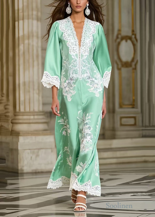 Women's Silk Evening Dress Lace Detailing Lake Green - OutfitLondon