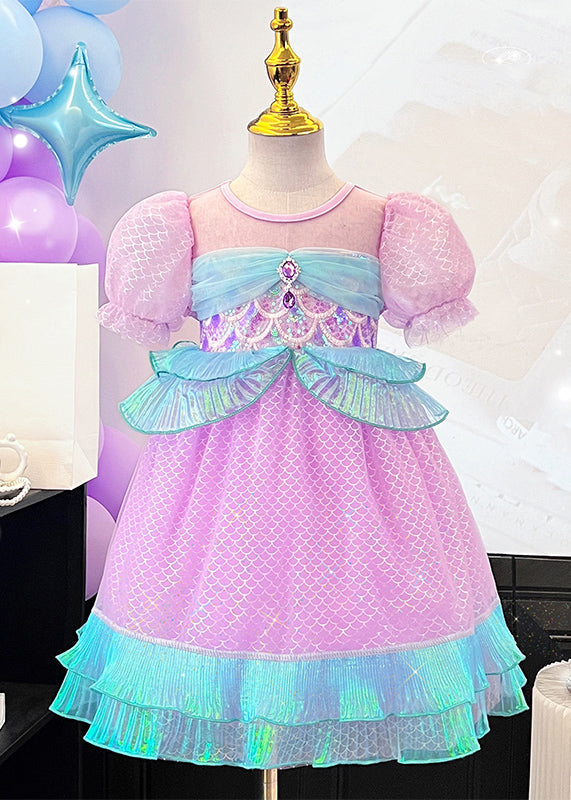 Girls Purple Mermaid Tulle Dress Soft Sparkling Summer Party Gown - OutfitLondon